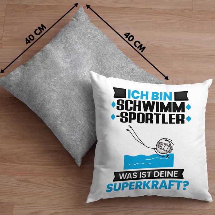 Schwimmsportler Kissen mit Füllung 40x40 Geschenk für Schwimmsportler Geburtstag Lustiger Spruch Was Ist Deine Superkraft (Grau) Grau Trendation