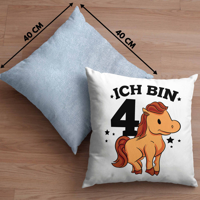 Lustige Kissen mit Füllung 40x40 4. Geburtstag für Mädchen Pferde-Motiv Pferdefans Reiterin (Grau) Blau Trendation