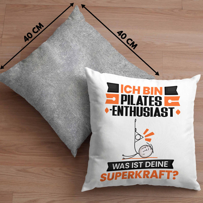 Pilates-Enthusiast Kissen mit Füllung 40x40 Geschenk für Pilates-Enthusiast Geburtstag Lustiger Spruch Was Ist Deine Superkraft (Grau) Grau Trendation