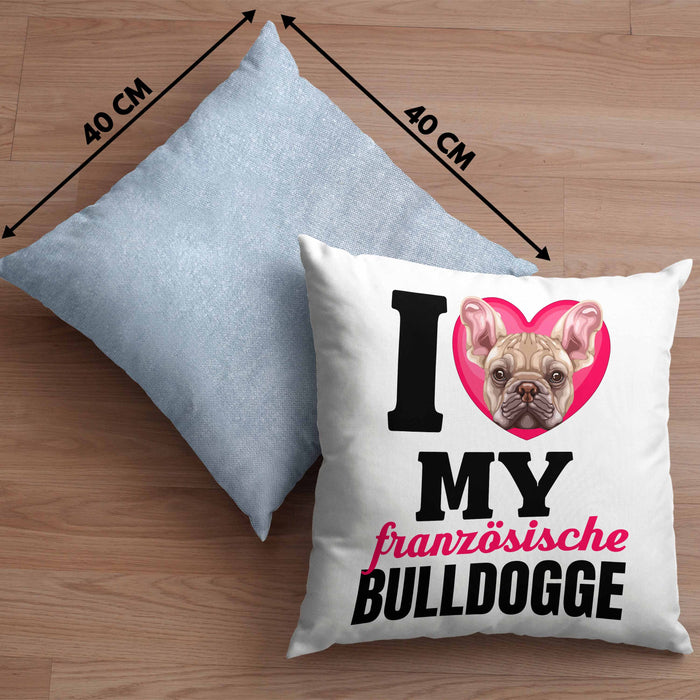 Französische Bulldogge Besitzerin Kissen mit Füllung 40x40 Geschenk Lustiger Spruch Geschenkidee I Love My Französische Bulldogge (Grau) Blau Trendation