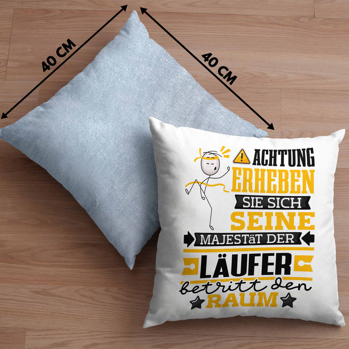 Läufer Geschenk Kissen mit Füllung 40x40 Lustiger Spruch Erheben Sie Sich Der Läufer Betritt den Raum (Grau) Blau Trendation