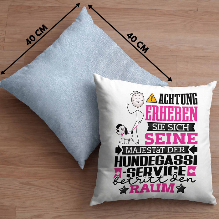 Hundegassi-Service Geschenk Kissen mit Füllung 40x40 Lustiger Spruch Erheben Sie Sich Der Hundegassi-Service Betritt den Raum (Grau) Blau Trendation