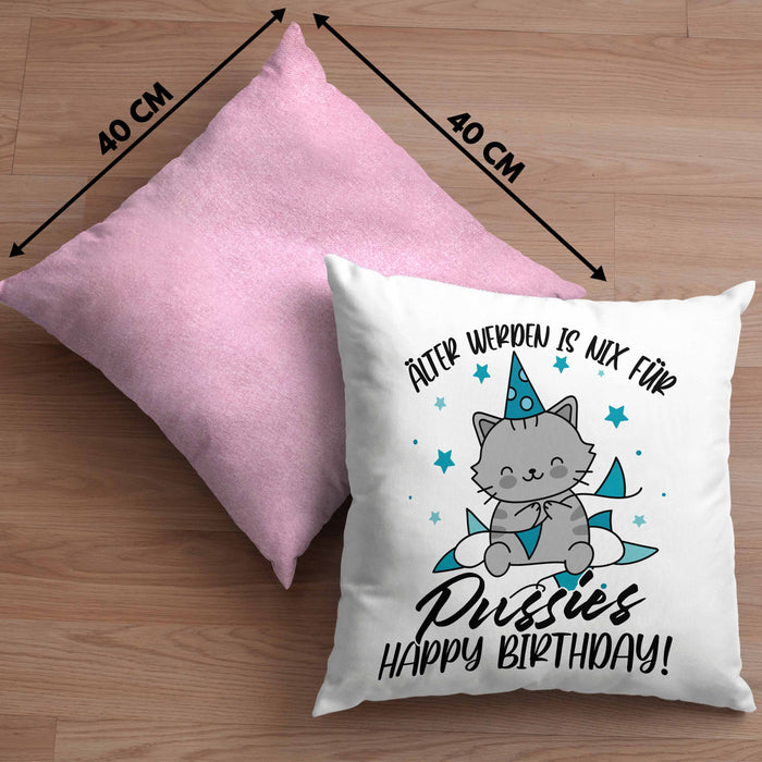 Geburtstag Kissen mit Füllung 40x40 Geschenk Lustiger Spruch Männer Frauen Älter Werden Ist Nichts Für Puss*** Happy Birthday (Grau) Rosa Trendation