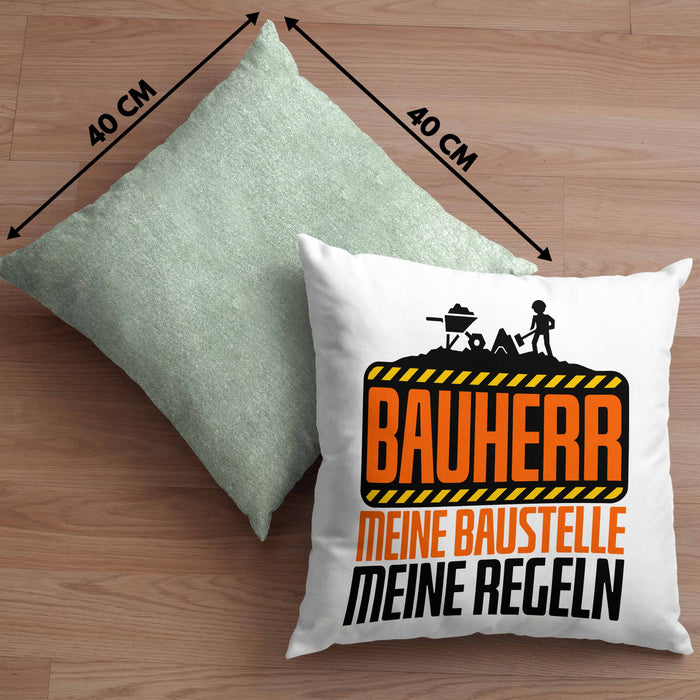 Bauherr Kissen mit Füllung 40x40 "Meine Baustelle, Meine Regeln" Lustiges Geschenk für Bauherren (Grau) Grün Trendation