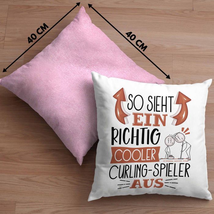 So Sieht Ein Richtig Cooler Curling-Spieler Aus Geschenk Kissen mit Füllung 40x40 Lustiger Spruch Geschenkidee (Grau) Rosa Trendation
