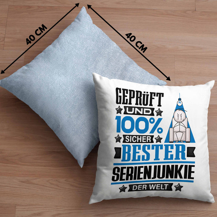Serienjunkie Geschenk Lustiger Spruch für Serienjunkie Geschenkidee Bester Serienjunkie Der WeltKissen mit Füllung 40x40 (Grau) Blau Trendation