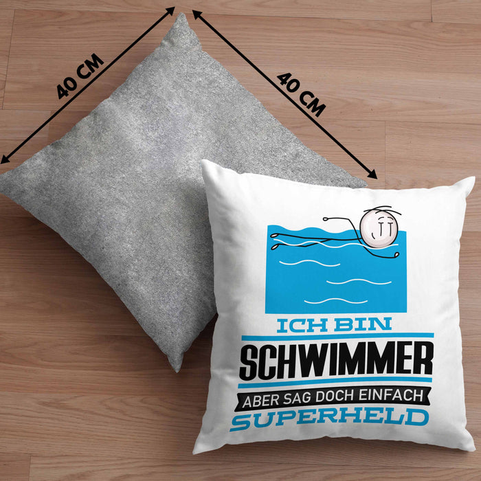Schwimmer Geschenk Kissen mit Füllung 40x40 Ich Bin Schwimmer Aber Sag Doch Einfach Superheld Lustige Geschenkdiee für Schwimmer (Grau) Grau Trendation