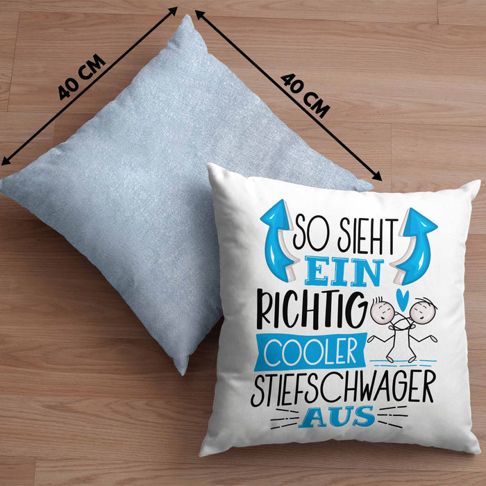 So Sieht Ein Richtig Cooler Stiefschwager Aus Geschenk Kissen mit Füllung 40x40 Lustiger Spruch Geschenkidee (Grau) Blau Trendation