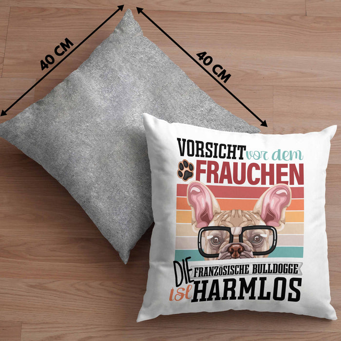 Französische Bulldogge Besitzerin Frauchen Kissen mit Füllung 40x40 Geschenk Lustiger Spruch Geschenkidee Vorsicht Vor Dem Frauchen (Grau) Grau Trendation