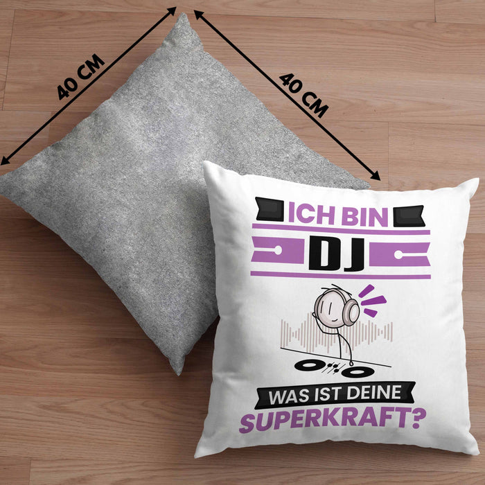 DJ Kissen mit Füllung 40x40 Geschenk für DJ Geburtstag Lustiger Spruch Was Ist Deine Superkraft (Grau) Grau Trendation