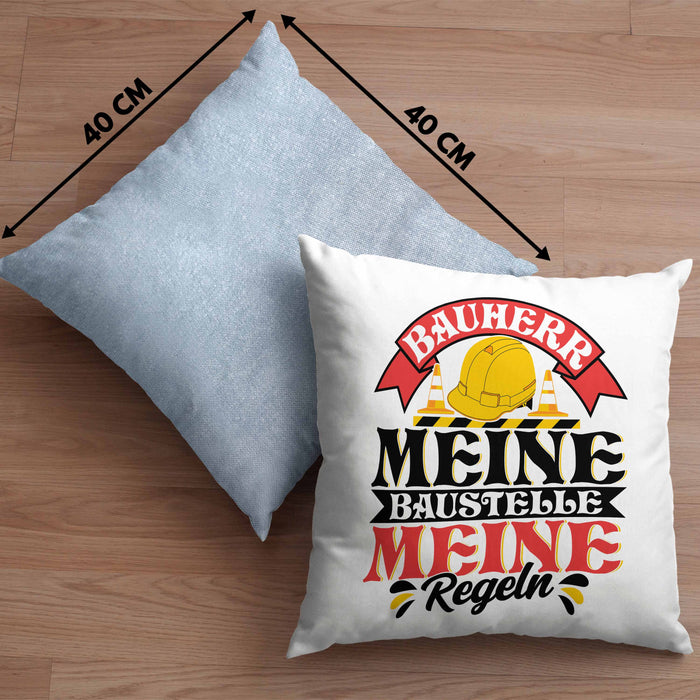 Bauherr Kissen mit Füllung 40x40 Geschenk Bauherr Meine Baustelle Meine Regeln (Grau) Blau Trendation
