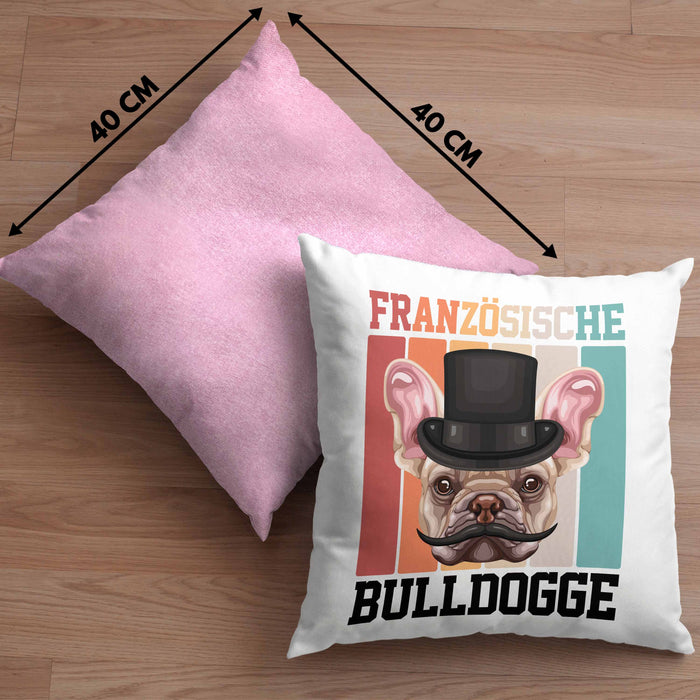 Französische Bulldogge Besitzer Kissen mit Füllung 40x40 Geschenk Lustiger Spruch Geschenkidee Retro Vinatge Französische Bulldogge (Grau) Rosa Trendation