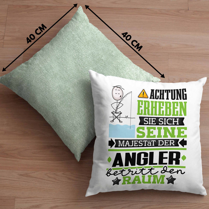 Angler Geschenk Kissen mit Füllung 40x40 Lustiger Spruch Erheben Sie Sich Der Angler Betritt den Raum (Grau) Grün Trendation