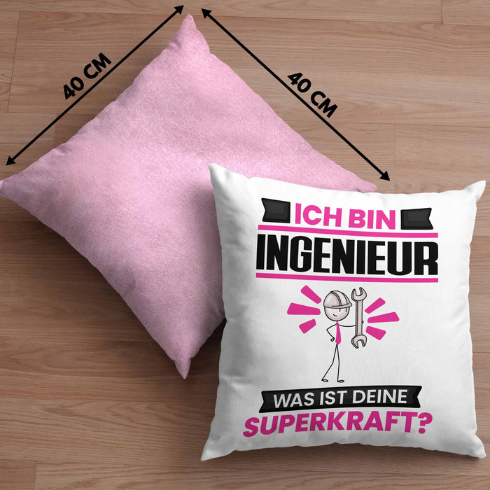 Ingenieur Kissen mit Füllung 40x40 Geschenk für Ingenieur Geburtstag Lustiger Spruch Was Ist Deine Superkraft (Grau) Rosa Trendation