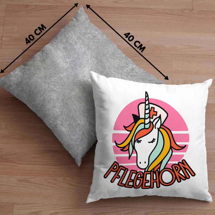 Lustige Pflege Geschenkidee für Pflegerinnen Kissen mit Füllung 40x40 Einhorn "Pflegehorn" Spruch (Grau) Grau Trendation