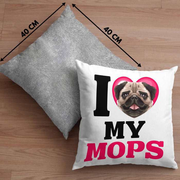 Mops Besitzerin Kissen mit Füllung 40x40 Geschenk Lustiger Spruch Geschenkidee I Love My Mops (Grau) Grau Trendation