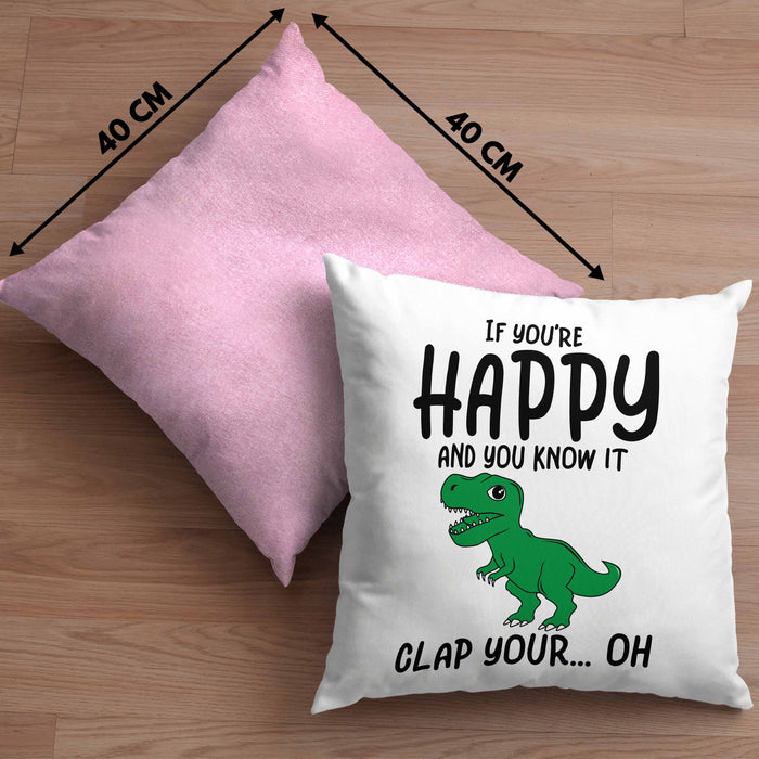 T-Rex Dino Kissen mit Füllung 40x40 Geschenk Wenn Du Glücklich Bist Und Du Es Weißt Klatsche Geschenkidee Dinosaurier Fans (Grau) Rosa Trendation