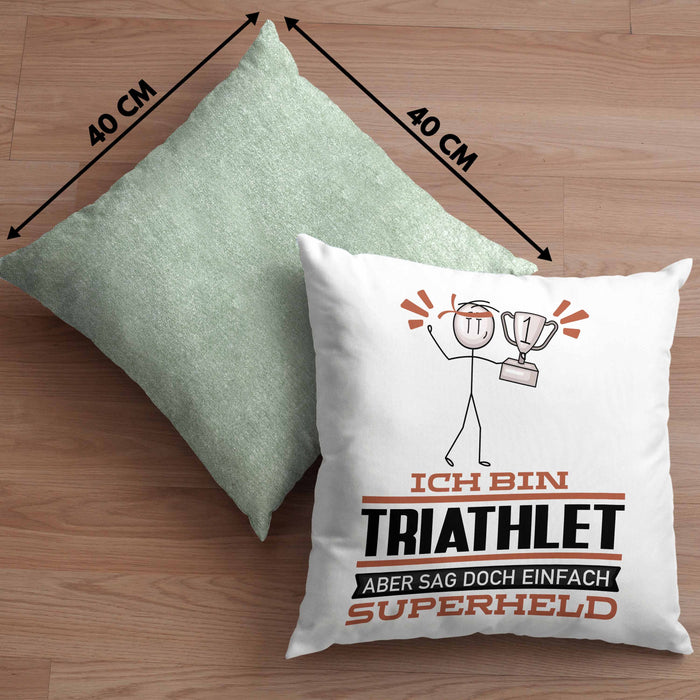 Triathlet Geschenk Kissen mit Füllung 40x40 Ich Bin Triathlet Aber Sag Doch Einfach Superheld Lustige Geschenkdiee für Triathlet (Grau) Grün Trendation