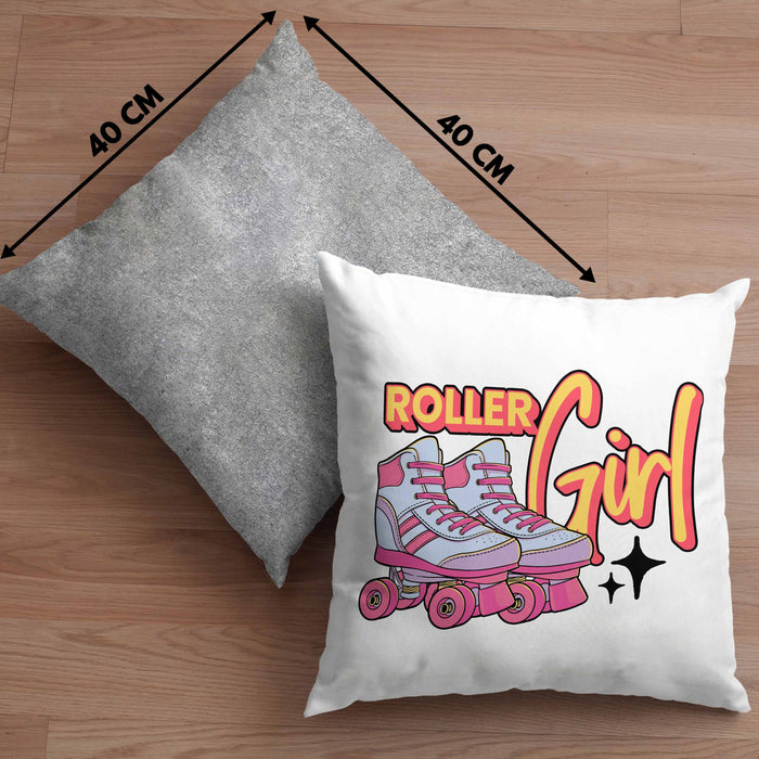 Lustige Rollschuh Kissen mit Füllung 40x40 Geschenk für Roller Girls "Roller Girl" Nostalgie 80er 90er Jahre (Grau) Grau Trendation