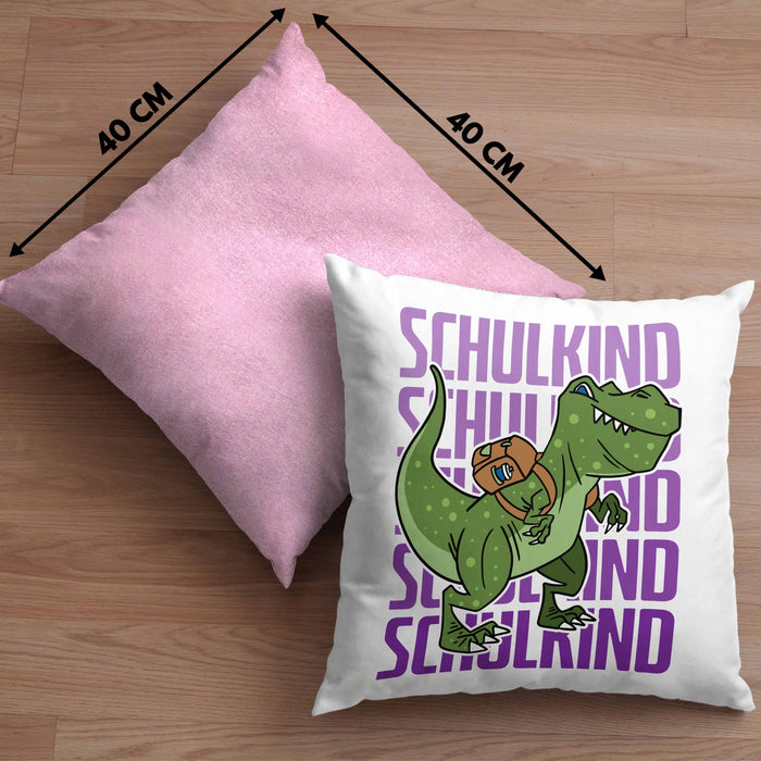 Einschulung Kissen mit Füllung 40x40 Geschenk Jungs Erster Schultag: Lustige T-Rex Dino Kissen mit Füllung 40x40 für Schulkind (Grau) Rosa Trendation