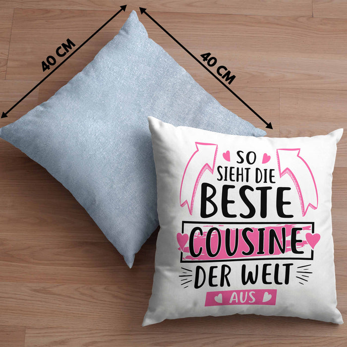 Cousine Kissen mit Füllung 40x40 Geschenk So Sieht Die Beste Cousine Der Welt Aus Geschenkidee (Grau) Blau Trendation