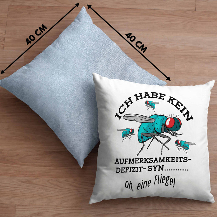 Lustige Kissen mit Füllung 40x40 "Ich Habe Kein Aufmerksamkeitsdefizit... Oh Eine Fliege" Geschenk für humorvolle Menschen (Grau) Blau Trendation