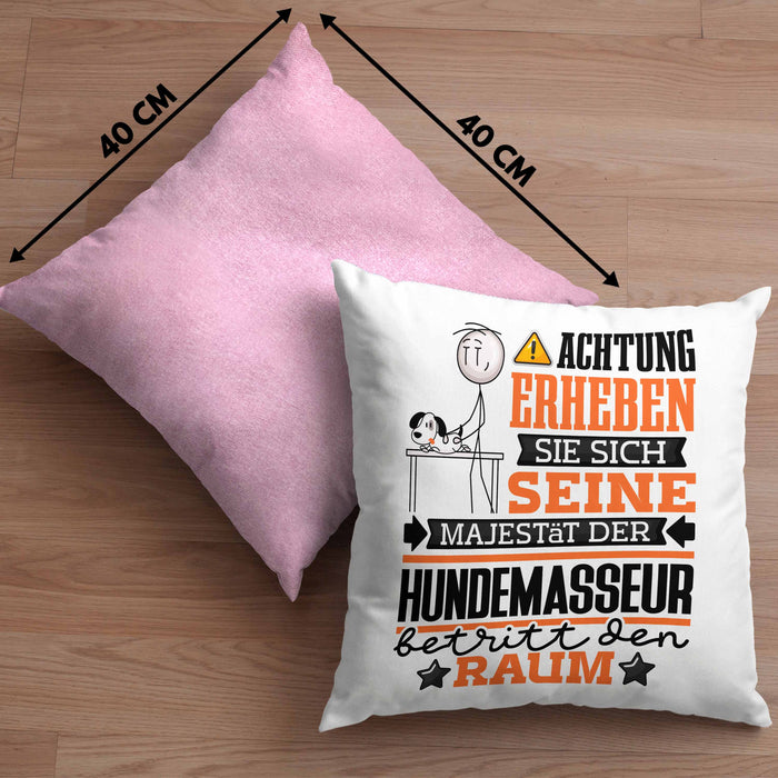 Hundemasseur Geschenk Kissen mit Füllung 40x40 Lustiger Spruch Erheben Sie Sich Der Hundemasseur Betritt den Raum (Grau) Rosa Trendation