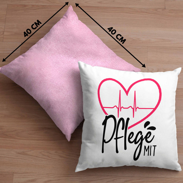 Geschenkidee Pfleger Kissen mit Füllung 40x40 "Pflege mit Herz" Grafik Pfleger Geschenk (Grau) Rosa Trendation