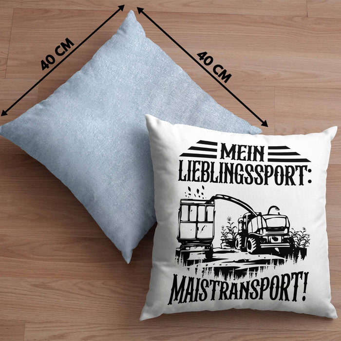 Lieblingssport Maistransport Kissen mit Füllung 40x40 Geschenk Landwirt Bauer Geschenkidee Landwirtschaft Häferl (Grau) Blau Trendation