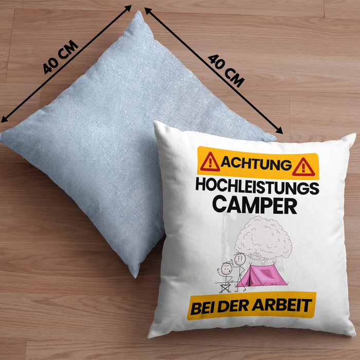 Camper Kissen mit Füllung 40x40 Geschenk Lustiger Spruch Geschenkidee für Camper Achtung Hochleistungs Camper Bei Der Arbeit (Grau) Blau Trendation