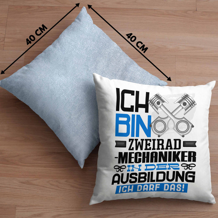 Zweiradmechaniker Ausbildung Kissen mit Füllung 40x40 Geschenk Ich Bin Zweiradmechaniker In Der Ausbildung Ich Darf Das Geschenkidee Spruch (Grau) Blau Trendation