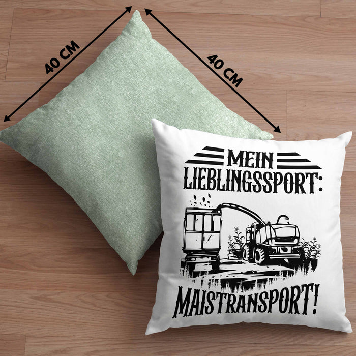 Lieblingssport Maistransport Kissen mit Füllung 40x40 Geschenk Landwirt Bauer Geschenkidee Landwirtschaft Häferl (Grau) Grün Trendation