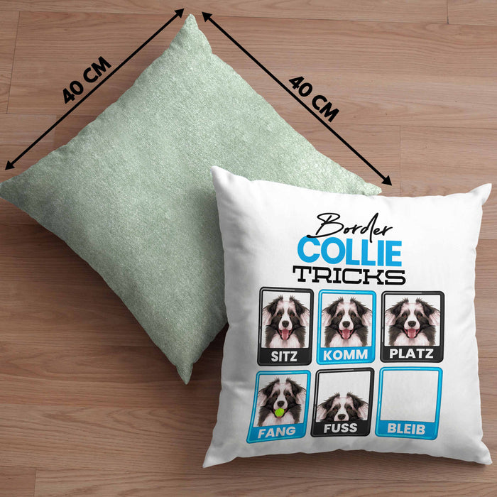 Border Collies Besitzer Kissen mit Füllung 40x40 Geschenk Lustiger Spruch Geschenkidee Border Collies Tricks Bleib (Grau) Grün Trendation