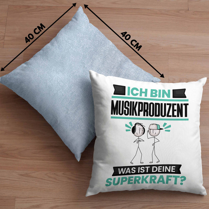 Musikproduzent Kissen mit Füllung 40x40 Geschenk für Musikproduzent Geburtstag Lustiger Spruch Was Ist Deine Superkraft (Grau) Blau Trendation