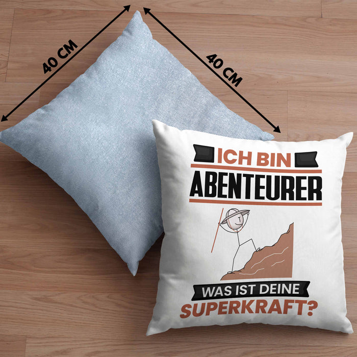 Abenteurer Kissen mit Füllung 40x40 Geschenk für Abenteurer Geburtstag Lustiger Spruch Was Ist Deine Superkraft (Grau) Blau Trendation