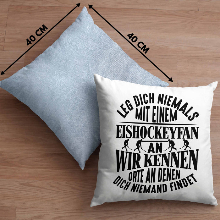 Eishockeyfan Kissen mit Füllung 40x40 Geschenk Leg Dich Niemals Mit Einem Eishockeydfan An Eishockey-Liebhaber Spieler Geschenkidee (Grau) Blau Trendation