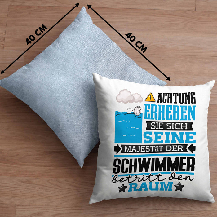 Schwimmer Geschenk Kissen mit Füllung 40x40 Lustiger Spruch Erheben Sie Sich Der Schwimmer Betritt den Raum (Grau) Blau Trendation