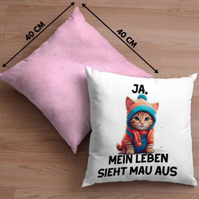 Dank Meme Kissen mit Füllung 40x40 Katzen Besitzer Wortspiel Ja Mein Leben Sieht Mau Aus Traurige Katze Geschenkidee Süße Katze (Grau) Rosa Trendation