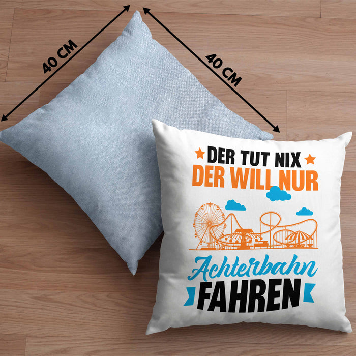 Achterbahn Kissen mit Füllung 40x40 Geschenk Der Tut Nix Der Will Nur Achterbahn Fahren Geschenkidee Erlebnispark (Grau) Blau Trendation