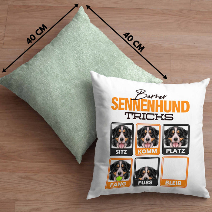 Berner Sennen Besitzer Kissen mit Füllung 40x40 Geschenk Lustiger Spruch Geschenkidee Berner Sennen Tricks Bleib (Grau) Grün Trendation