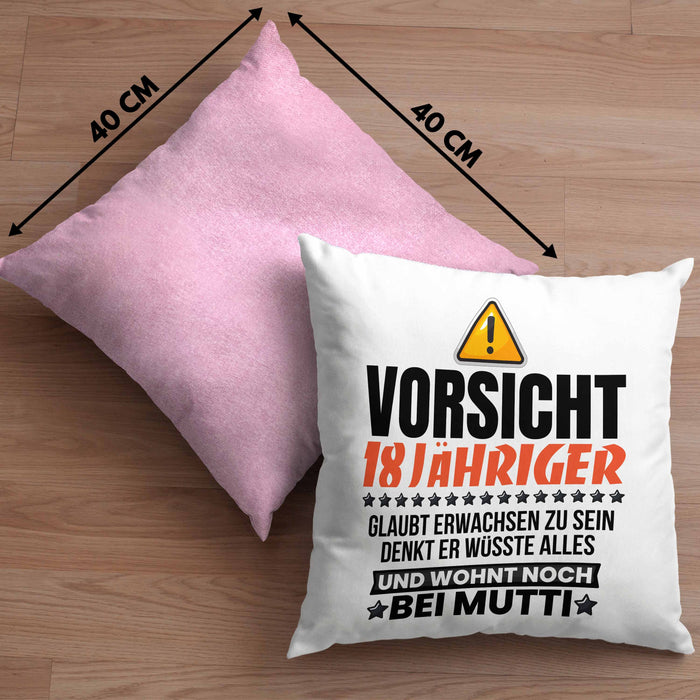 18. Geburtstag Kissen mit Füllung 40x40 Geschenk Jungs Männer Vorsicht 18 Jähriger Glaubt Erwachsen Zu Sein Wohnt Noch Bei Mutti (Grau) Rosa Trendation