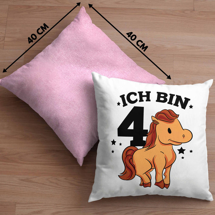 Lustige Kissen mit Füllung 40x40 4. Geburtstag für Mädchen Pferde-Motiv Pferdefans Reiterin (Grau) Rosa Trendation