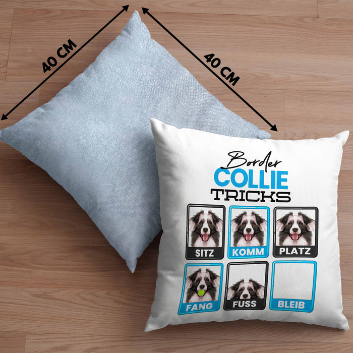 Border Collies Besitzer Kissen mit Füllung 40x40 Geschenk Lustiger Spruch Geschenkidee Border Collies Tricks Bleib (Grau) Blau Trendation