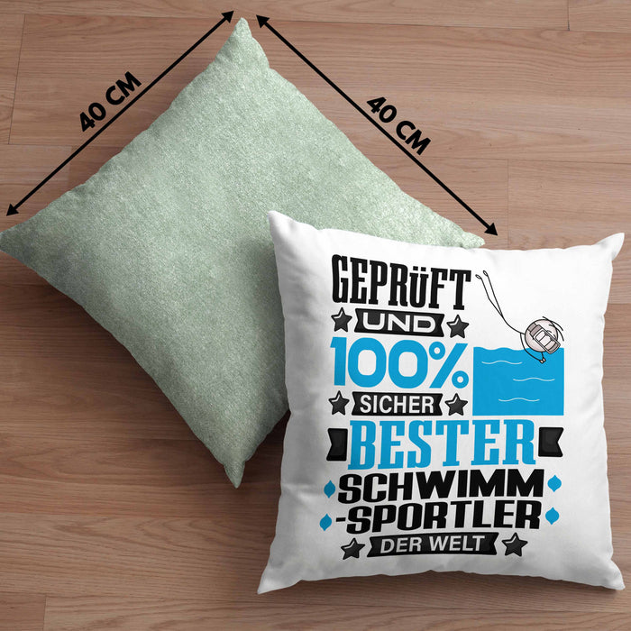 Schwimmsportler Geschenk Lustiger Spruch für Schwimmsportler Geschenkidee Bester Schwimmsportler Der WeltKissen mit Füllung 40x40 (Grau) Grün Trendation