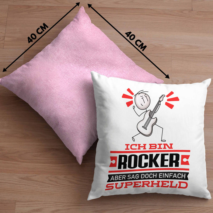 Rocker Geschenk Kissen mit Füllung 40x40 Ich Bin Rocker Aber Sag Doch Einfach Superheld Lustige Geschenkdiee für Rocker (Grau) Rosa Trendation