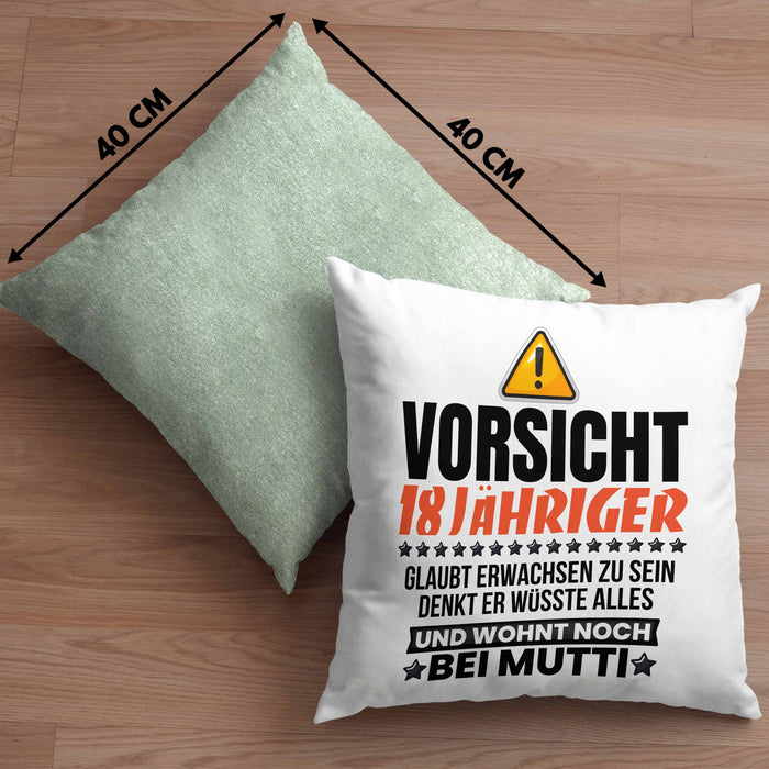 18. Geburtstag Kissen mit Füllung 40x40 Geschenk Jungs Männer Vorsicht 18 Jähriger Glaubt Erwachsen Zu Sein Wohnt Noch Bei Mutti (Grau) Grün Trendation