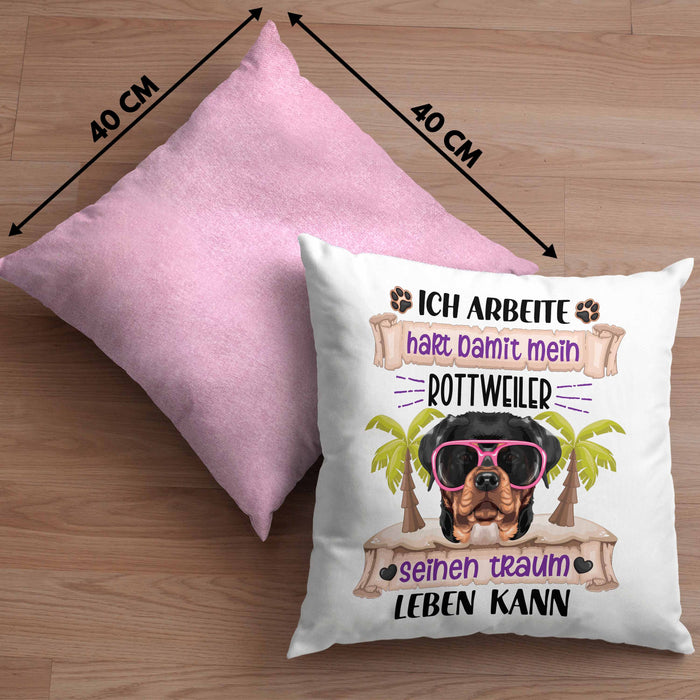 Rottweiler Besitzer Kissen mit Füllung 40x40 Geschenk Lustiger Spruch Geschenkidee Ich Arbeite Hart Damit Mein Rottweiler Seinen Traum Leben Kann (Grau) Rosa Trendation