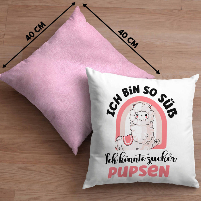 Geschenk für beste Freundin Kissen mit Füllung 40x40 Alpaka Llama Kissen mit Füllung 40x40 mit Spruch Ich Bin So Süß Ich Könnte Zucker Pupsen Geschenkidee für Frauen (Grau) Rosa Trendation