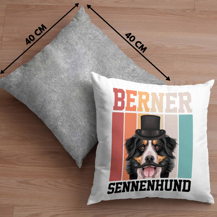Berner Sennen Besitzer Kissen mit Füllung 40x40 Geschenk Lustiger Spruch Geschenkidee Retro Vinatge Berner Sennen (Grau) Grau Trendation