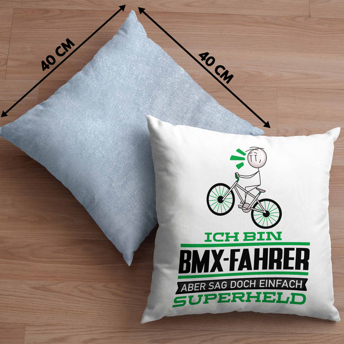 BMX-Fahrer Geschenk Kissen mit Füllung 40x40 Ich Bin BMX-Fahrer Aber Sag Doch Einfach Superheld Lustige Geschenkdiee für BMX-Fahrer (Grau) Blau Trendation